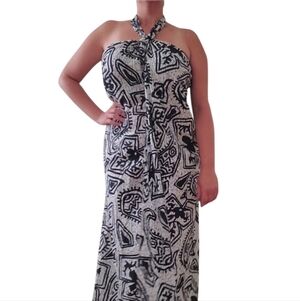 Vintage 70s HUKILAU FASHIONS Hawaiian Floral Tiki Sarong Wrap Dress Blue/Black